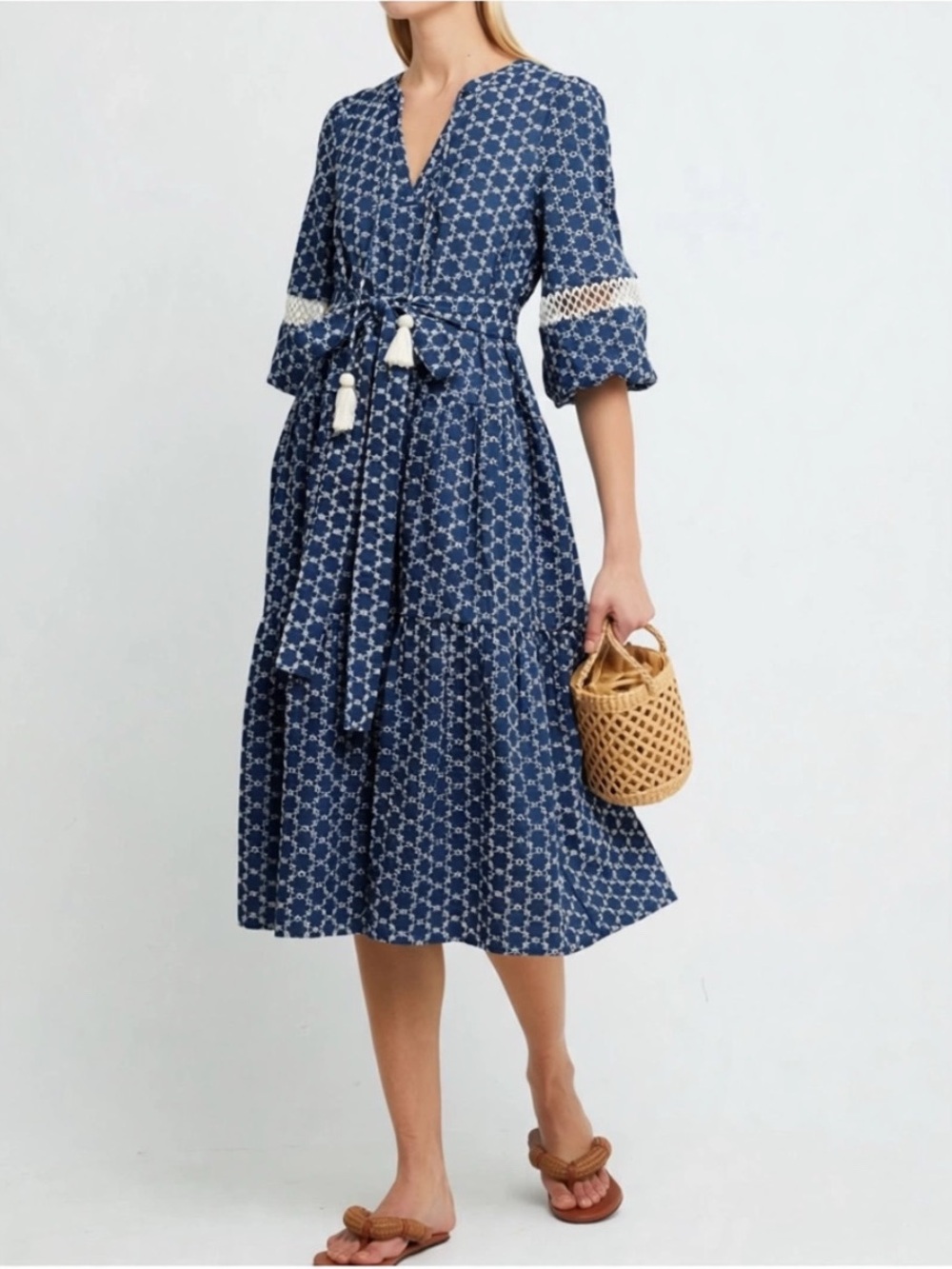 Tuckernuck || O.P.T Haven Belted Eyelet Midi Dress Tassel Navy Blue Medium